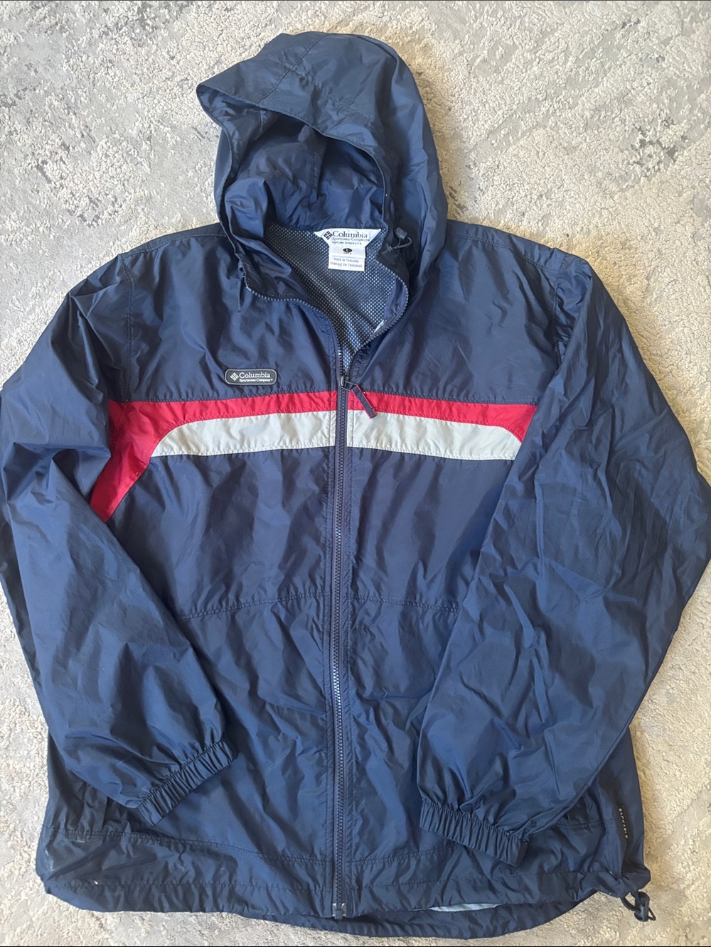 VTGColumbia Men's Navy Hooded Windbreaker with Red & White Accents